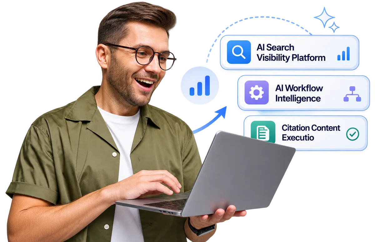 A marketer at a laptop beside three ConversionBox modules: AI search visibility platform, AI workflow intelligence and citation content execution